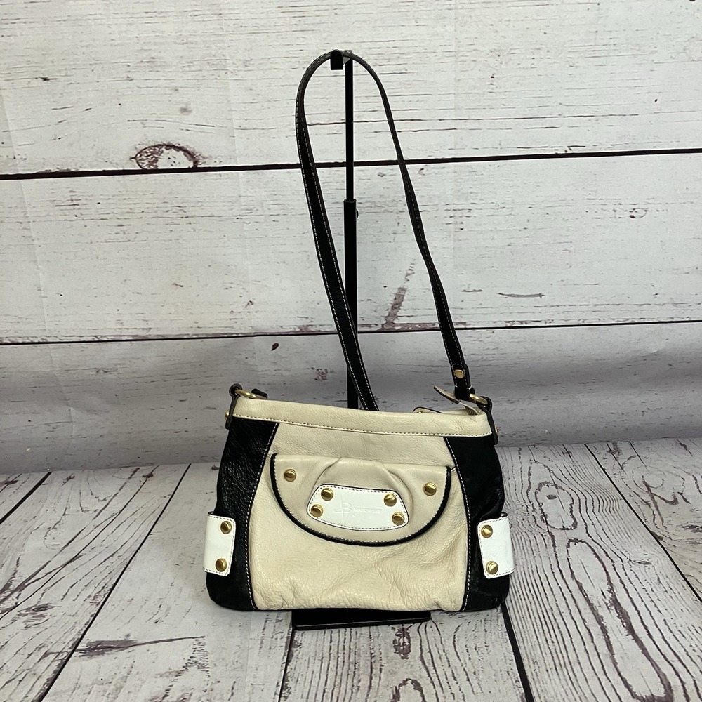 B. Makowsky Handbag Beige Black Leather‎ Crossbody Bag Purse